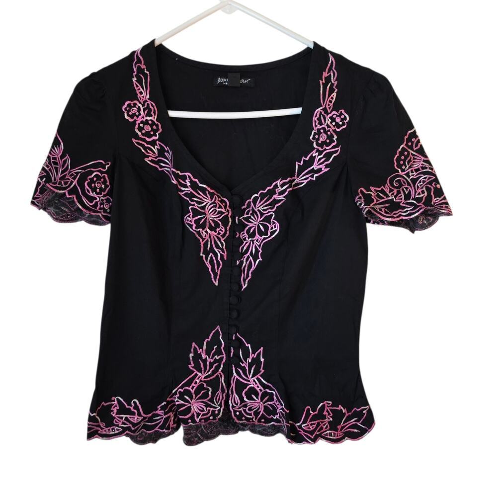 Vintage Betsey Johnson NY Whimsigoth Embroidered Black Pink Blouse Top Size 10